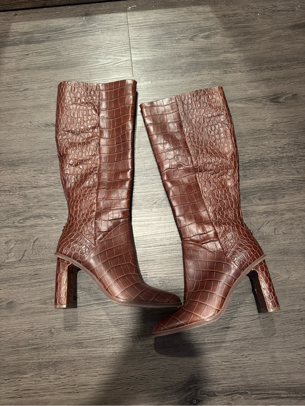 Vince Camuto Brown Croc-Embossed Mid-Calf Heeled Boots